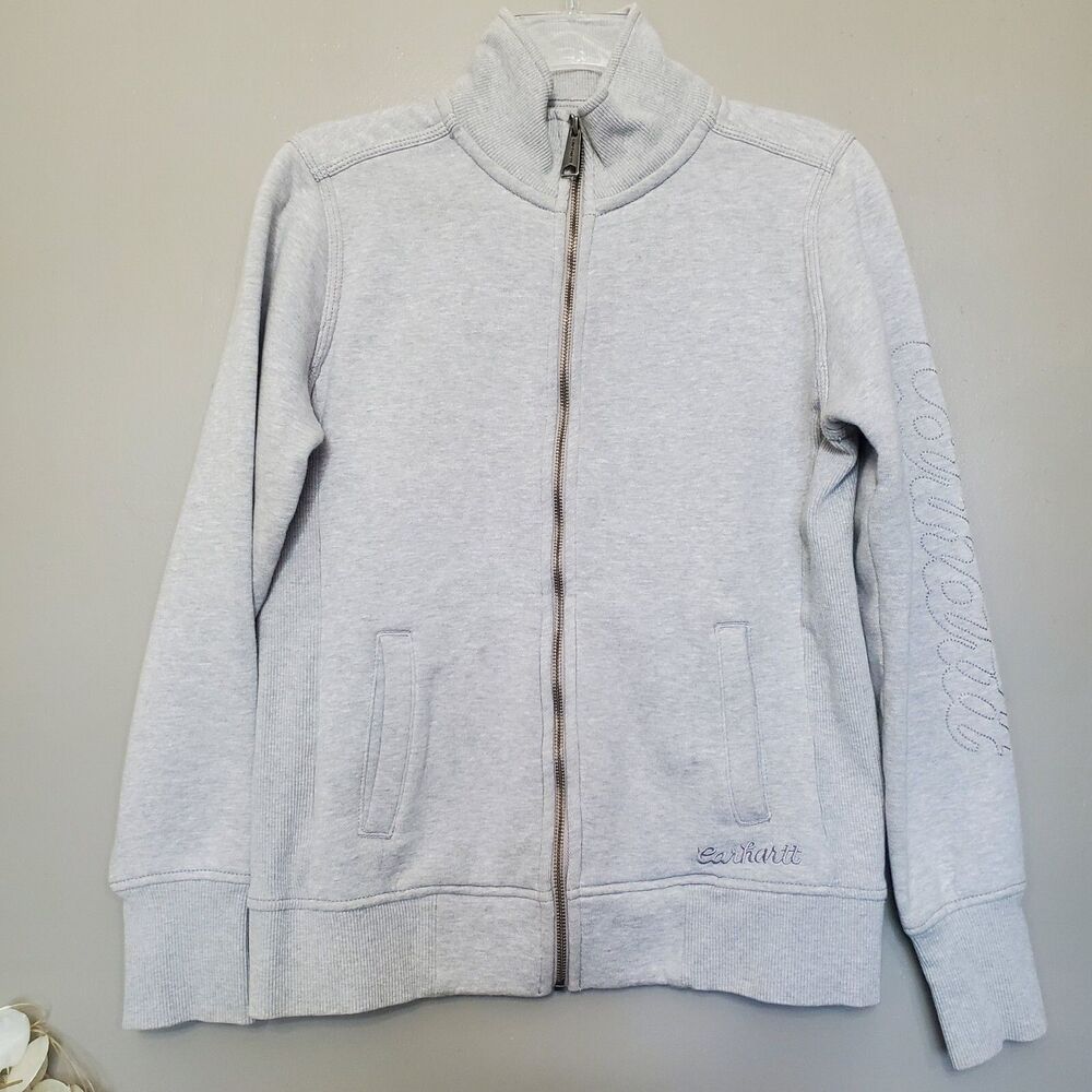 Carhartt Sweatshirt Womens Size Small 4/6 Gray Logo Spellout Full Zip Mock Neck